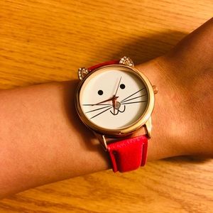 Pink cat smiling diamond watch
